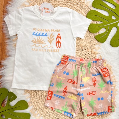 Conj. Camiseta Os Dias na Praia São Mais Felizes e Bermuda - Branco e Areia